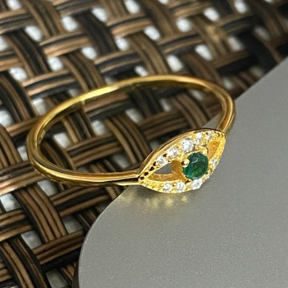 Gold Evil Eye Ring w/ Green & White Gemstones | Size 10 | Never Worn